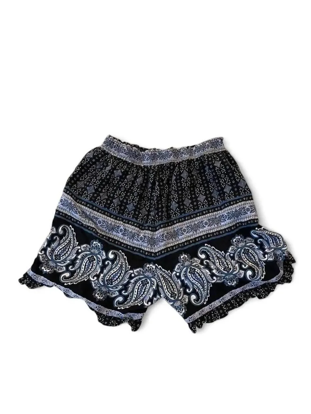 Black & blue paisley shorts with ruffles and elastic stretchy waistband